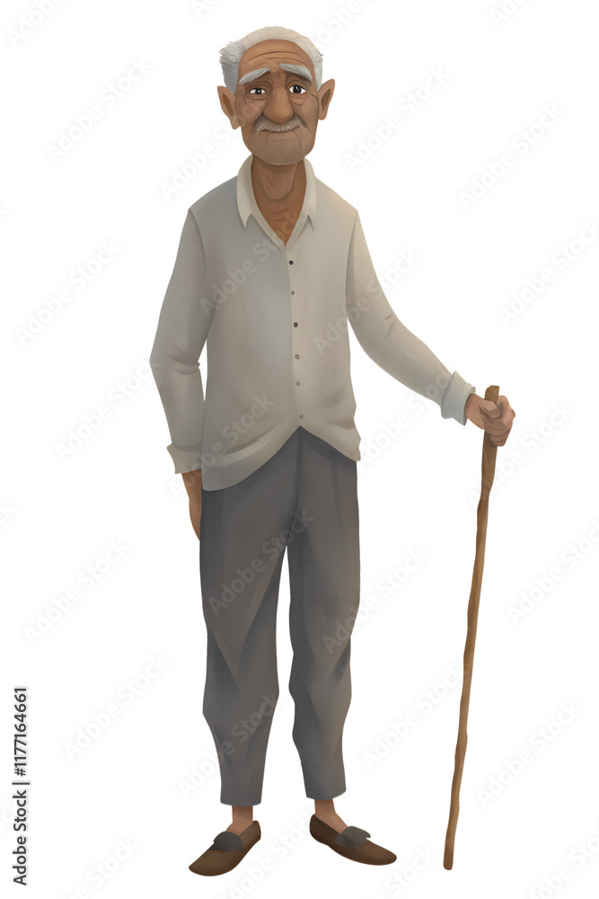 Elderly man with cane standing confidently, wearing simple clothing in a neutral color palette, ready to share his story about life experiences and wisdom Elderly man with cane standing confidently, wearing simple clothing in a neutral color palette, ready to share his story about life experiences and wisdom