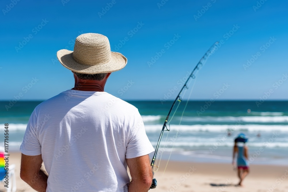 This picturesque scene showcases an older man casting his fishing line against a backdrop of shimmering ocean waves and clear blue skies, embodying peace and leisure. This picturesque scene showcases an older man casting his fishing line against a backdrop of shimmering ocean waves and clear blue skies, embodying peace and leisure.