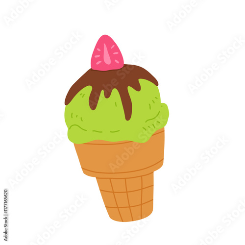 vector illustration of matcha ice cream. Set of ice cream on stick and waffle cone. Taiyaki with matcha flavored ice cream and strawberry. For menu design, food blogs, prints and postcards.