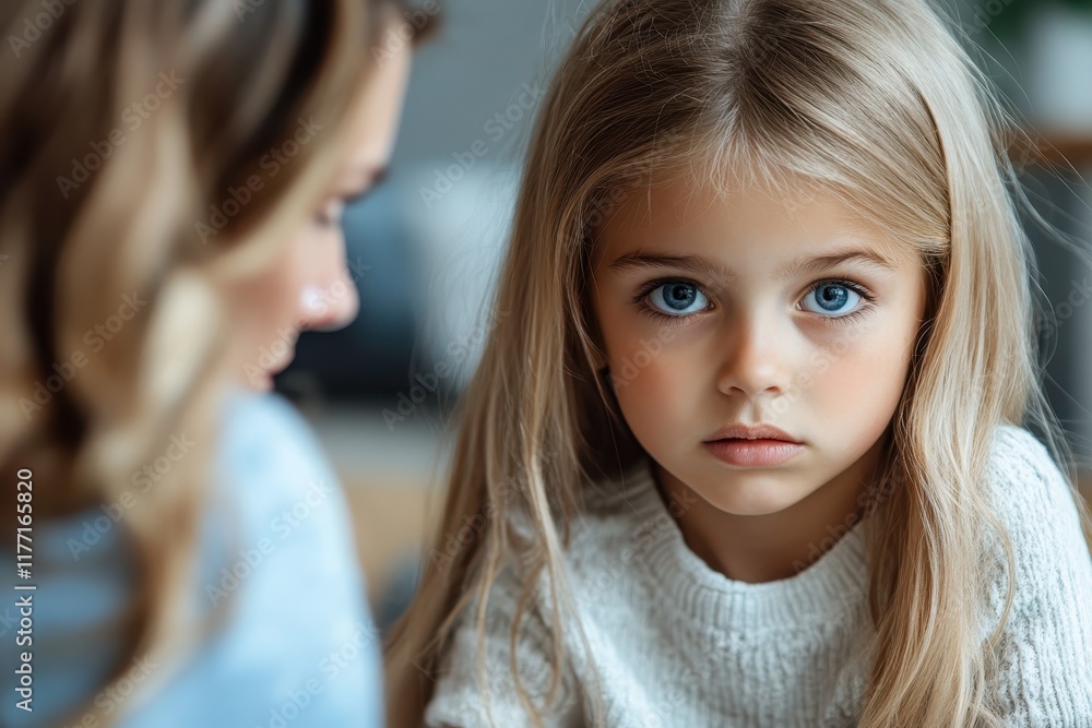 The image features a young girl with striking blue eyes lost in thought, while her mother's silhouette adds depth to this intimate and emotional moment captured beautifully. The image features a young girl with striking blue eyes lost in thought, while her mother's silhouette adds depth to this intimate and emotional moment captured beautifully.