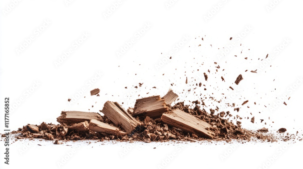 Fototapeta premium Wood pieces and dust, crushed tree bark isolated on white background