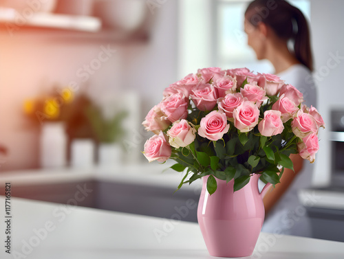 Close up of a pink bouquet in a vase on kitchen table, blurrey background with a woman   photo