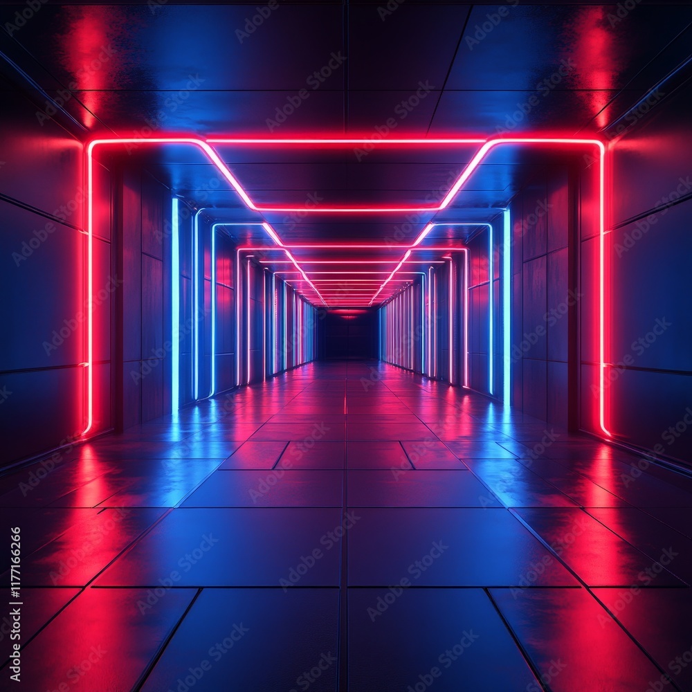 A futuristic hallway illuminated by red and blue neon lights, creating a modern and sci-fi aesthetic environment. A futuristic hallway illuminated by red and blue neon lights, creating a modern and sci-fi aesthetic environment.