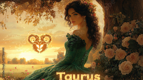 An elegant woman with lush, dark hair sits under a grand oak tree adorned with roses and a glowing Taurus symbol photo