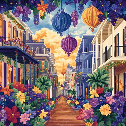 A soft pastel watercolor depiction of a lively Mardi Gras celebration during the day, featuring festive vibrant energy.