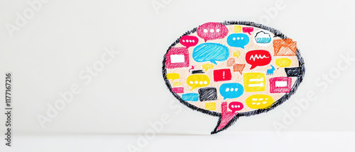 Colorful speech bubbles filled with various icons and symbols create vibrant communication theme photo