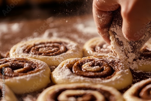 A woman's hand rolling dough into cinnamon rolls