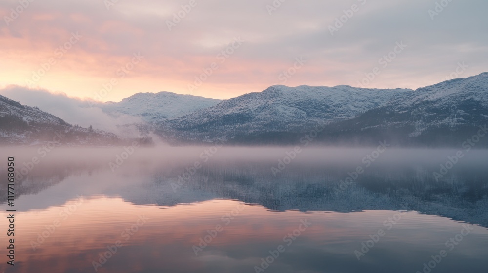 Fototapeta premium Misty Mountain Lake at Sunrise: A Serene Winter Landscape
