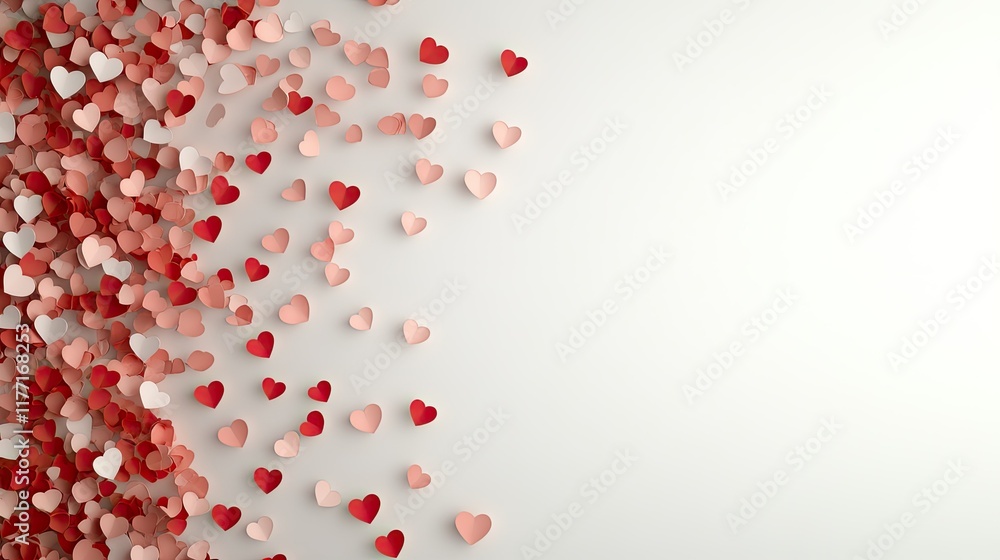 Festive backdrop features small red and pink hearts scattered on a white surface, ideal for Valentine's Day celebrations and card designs Festive backdrop features small red and pink hearts scattered on a white surface, ideal for Valentine's Day celebrations and card designs