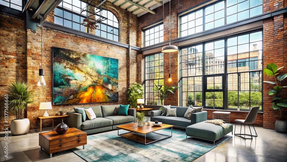 Aerial View: Industrial Chic Living Room with Abstract Wall Art Aerial View: Industrial Chic Living Room with Abstract Wall Art