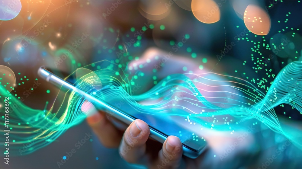 A user holds a smartphone, with faint electromagnetic waves in glowing blue and green radiating from the device, blending subtly with natural background light A user holds a smartphone, with faint electromagnetic waves in glowing blue and green radiating from the device, blending subtly with natural background light