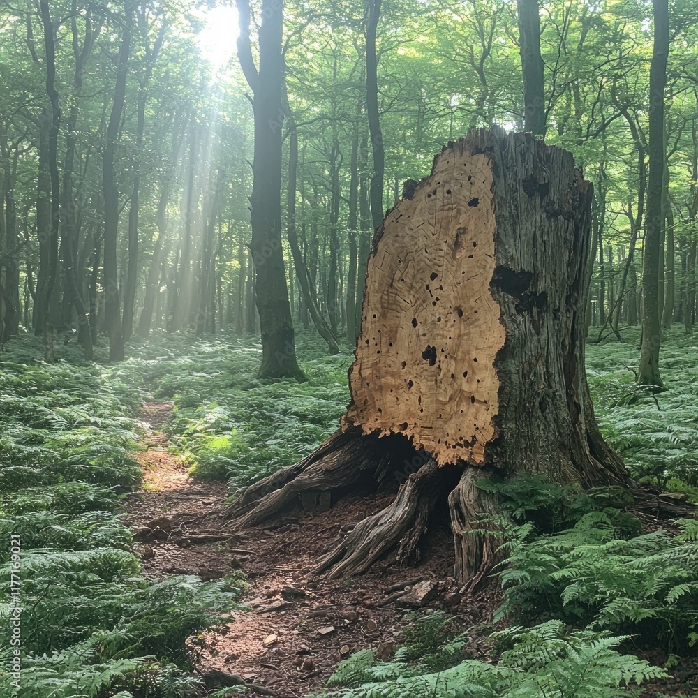 Decaying tree stump in misty forest with sunbeams and fern path Decaying tree stump in misty forest with sunbeams and fern path