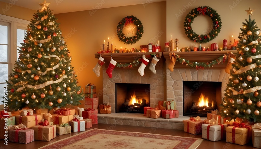 custom made wallpaper toronto digitalCozy holiday room with Christmas tree, fireplace, and festive decor.

