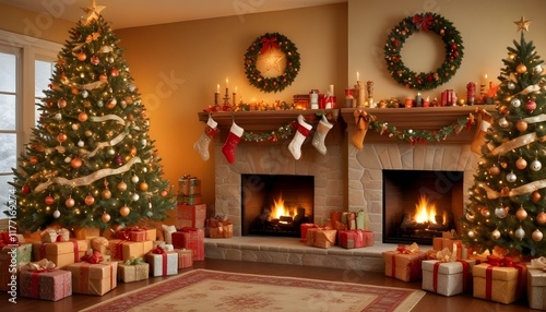 Wallpaper Mural Cozy holiday room with Christmas tree, fireplace, and festive decor.

 Torontodigital.ca