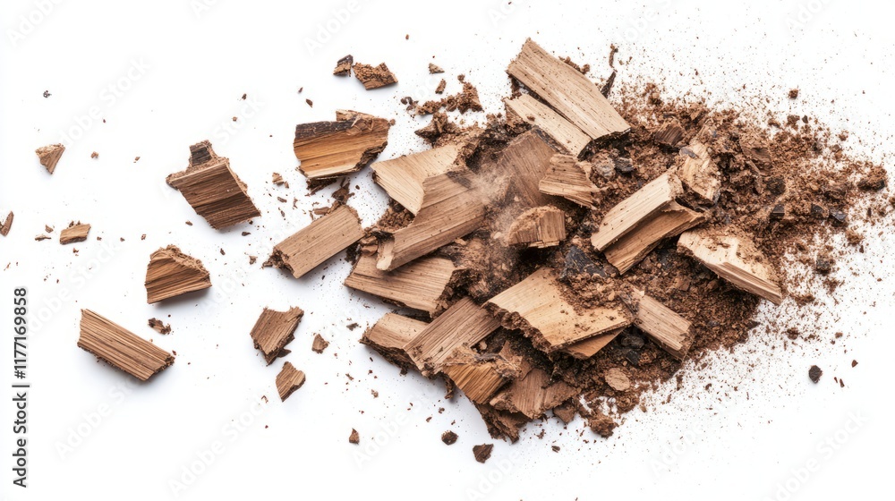 Fototapeta premium Wood pieces and dust, crushed tree bark isolated on white background