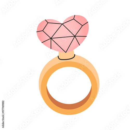 Engagement ring with diamond heart shape. Marry me concept. Wedding celebration clipart. Romantic marriage proposal. Vector flat illustration.