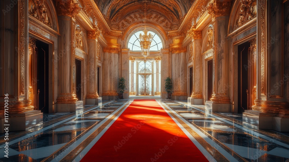 Obraz premium A grand room featuring a red carpet and luxurious architectural details, exuding elegance and sophistication.