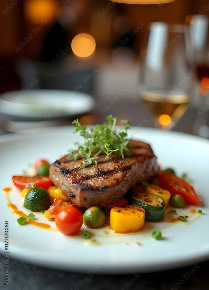 Grilled meat and vibrant vegetables in an elegant, luxury dining setting. Grilled meat and vibrant vegetables in an elegant, luxury dining setting.