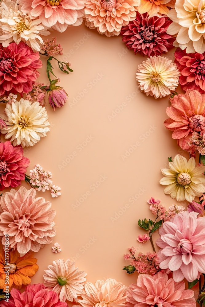 Obraz premium Beige background with a mix of vivid spring blooms creating a charming frame for card designs. Flat lay, top view.