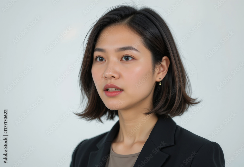 Portrait of an Elegant Asian Woman Speaking, Dressed in a Formal Suit with Shoulder-Length Hair, Professional and Confident, on a Neutral Background Portrait of an Elegant Asian Woman Speaking, Dressed in a Formal Suit with Shoulder-Length Hair, Professional and Confident, on a Neutral Background