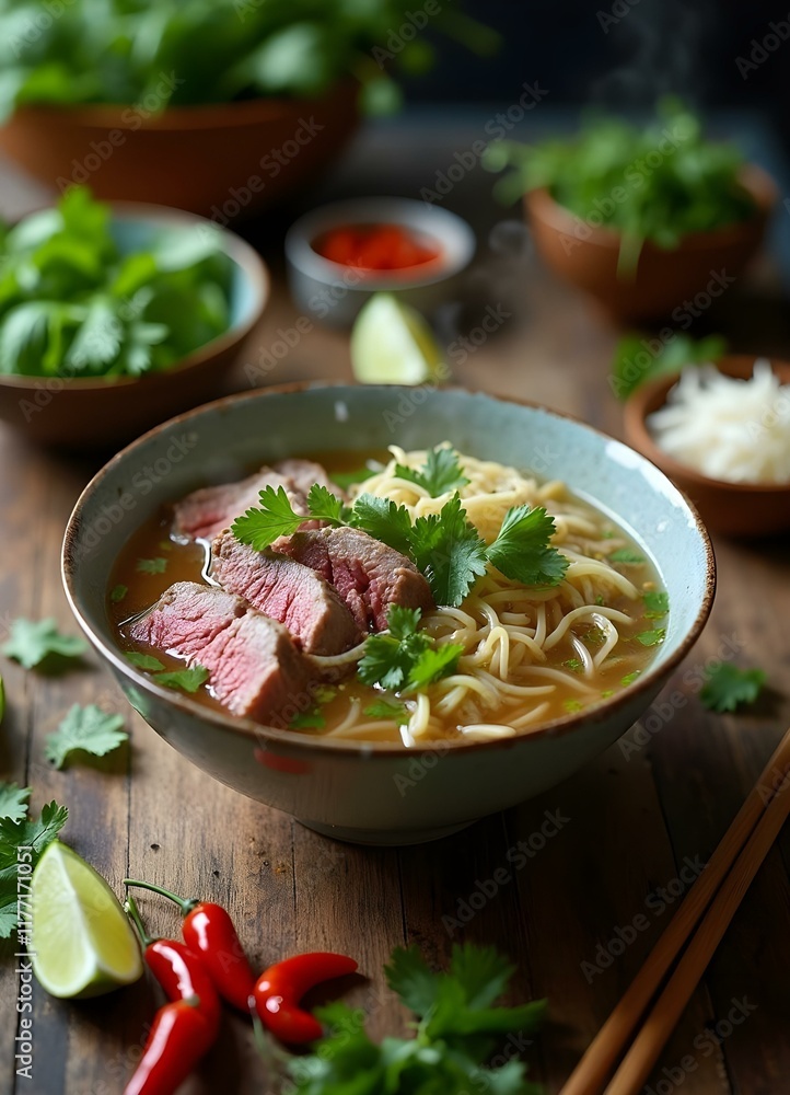 Vietnamese pho with tender beef, fresh noodles, and vibrant garnishes on a wooden table Vietnamese pho with tender beef, fresh noodles, and vibrant garnishes on a wooden table