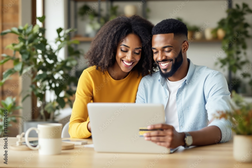 Smiling couple holding a credit card while using a laptop at a wooden table, surrounded by green plants in a bright home space. Concept of online shopping. Ai generative Smiling couple holding a credit card while using a laptop at a wooden table, surrounded by green plants in a bright home space. Concept of online shopping. Ai generative