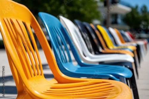 An eye-catching orange chair accentuates a vibrant lineup of seats in a public space, inviting users to lounge and enjoy the energetic urban atmosphere around them. photo