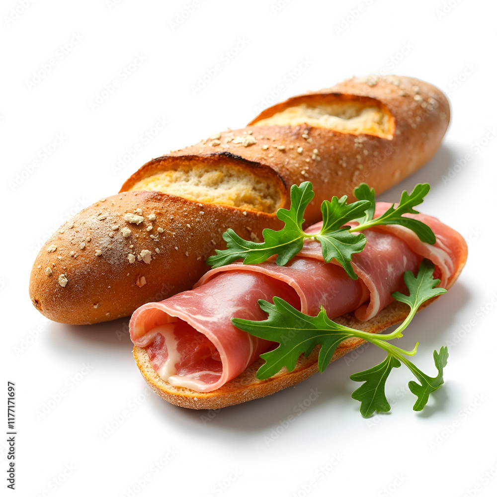 image of a fresh baguette with slices of prosciutto and arugula image of a fresh baguette with slices of prosciutto and arugula