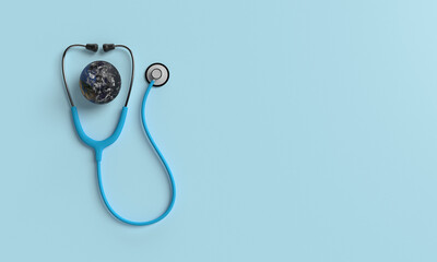 world healthcare day stethoscope earth day planet world global blue color copy space wellness hospital doctor nurse disease patient treatment health day exam protection cardiology pulse environment 