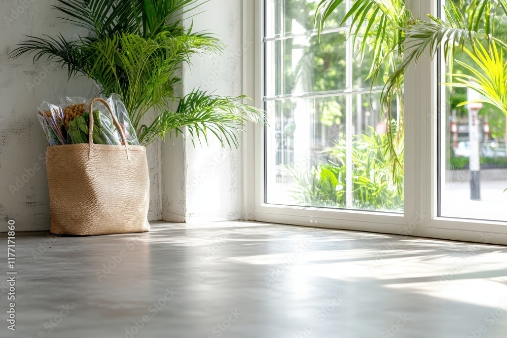 A spacious woven grocery bag filled with fresh greens and plants rests by a sunny window, showcasing the beauty of healthy eating and modern living in a cozy environment. A spacious woven grocery bag filled with fresh greens and plants rests by a sunny window, showcasing the beauty of healthy eating and modern living in a cozy environment.