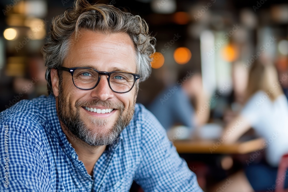 A charming man with curly hair and glasses beams at the camera in a lively café, highlighting the energetic vibe and social interactions around him. A charming man with curly hair and glasses beams at the camera in a lively café, highlighting the energetic vibe and social interactions around him.