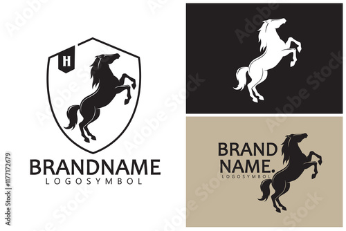 Standing Black Wild Horse With Shield  for Animal Wildlife or Stable Ranch or Vehicle Classic Logo Design