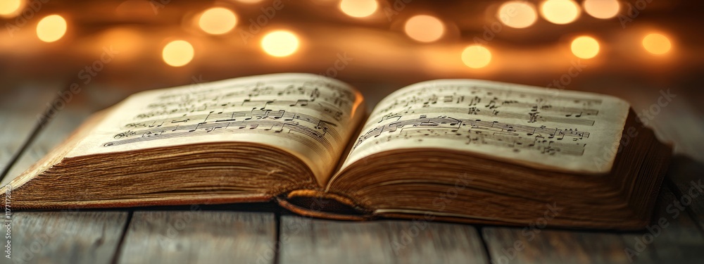 Obraz premium Open Music Book Close-Up – Musical Creativity, Artistic Expression, Warm Ambiance, and Classical Inspiration