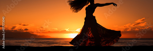 Elegant Dance Upon the Sand: A Hawaiian Hula Performer Embraces Tradition at Sunset photo