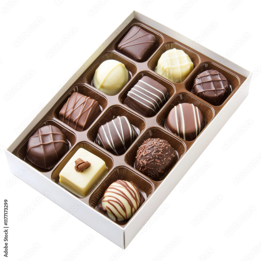 Delicious assorted chocolates in box, featuring various shapes and flavors, perfect for gifting or indulging. delightful treat for chocolate lovers