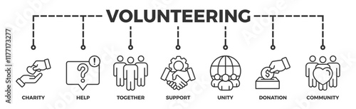 Volunteering banner web icon illustration concept for volunteer aid assistant with icon of charity, help, together, support, unity, donation, and community