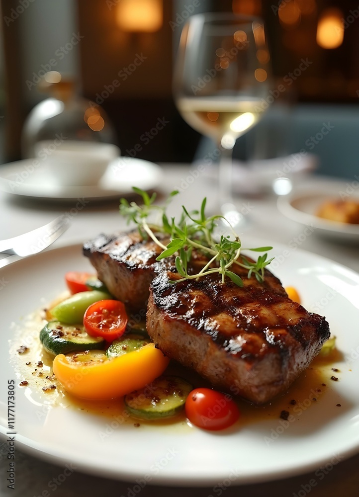Grilled meat and vibrant vegetables in an elegant, luxury dining setting. Grilled meat and vibrant vegetables in an elegant, luxury dining setting.