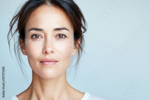 A visual representation of facial analysis featuring a mature Asian woman. The delicate wrinkles, calm expression, and flawless glow reflect wellness and cultural elegance. photo