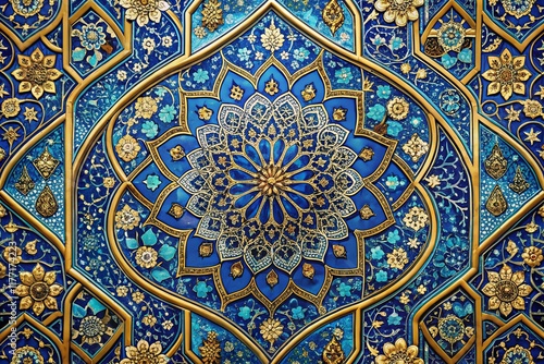 Aerial View Blue Islamic Background Golden Arabian Indian Pattern Banner Poster