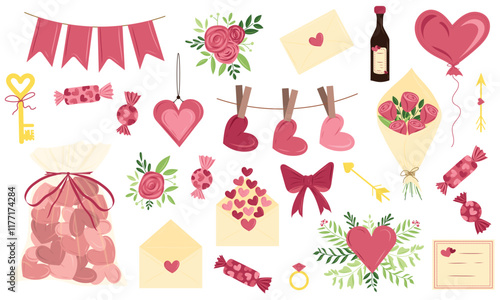 Happy Valentine's Day. Set of hand drawn vector flat illustrations for web design, greeting cards, print. Hearts, love, champagne, flower bouquet, balloon, chocolate candy, love letter, gift ideas