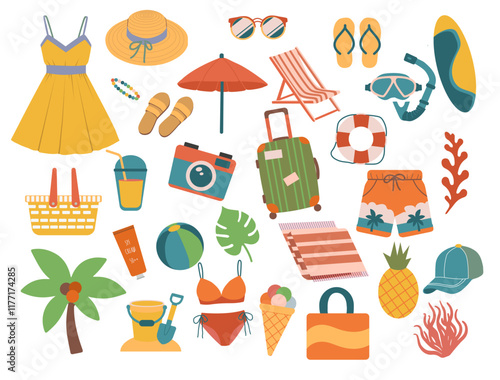 Summer Vacation Essentials: A vibrant collection of summer holiday icons, including clothing, accessories, beach gear, and travel items. Perfect for travel blogs, websites, and social media.