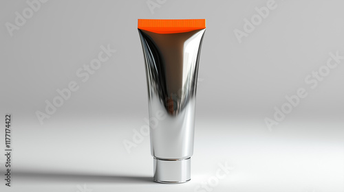 A sleek metallic tube with a vibrant orange cap stands upright against a soft light background. The smooth surface reflects a subtle shine, conveying a modern design. photo