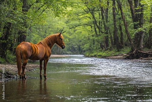 Chestnut horse standing in forest river, observing flowing water, lush green background, ideal for nature or animal themes photo