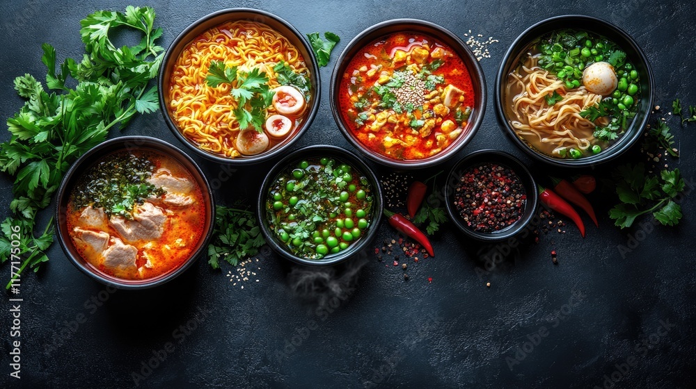 Asian noodle soups, dark table, food photography, restaurant menu Asian noodle soups, dark table, food photography, restaurant menu