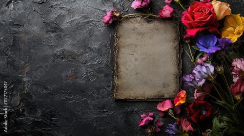 Brown, olive green, and grey tones with vibrant floral frames create a striking card composition. Flat lay.
