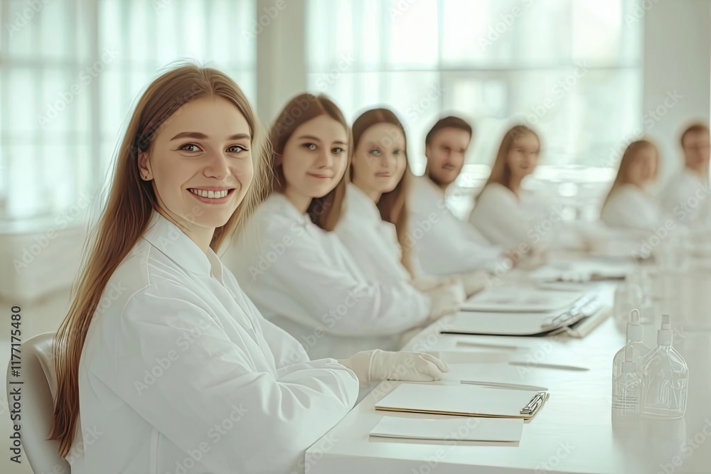 students, medicine, white coats. Interested young female student in white coat listening to lecture in classroom during professional medical training students, medicine, white coats. Interested young female student in white coat listening to lecture in classroom during professional medical training