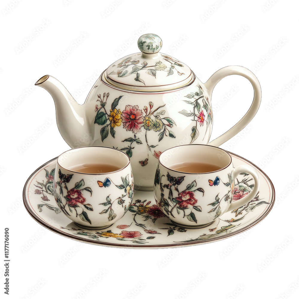 Floral tea set with teapot and cups isolated on transparent background, PNG Floral tea set with teapot and cups isolated on transparent background, PNG