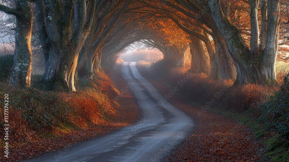 Autumn road through misty tree tunnel at sunrise with colorful foliage and foggy fields Autumn road through misty tree tunnel at sunrise with colorful foliage and foggy fields