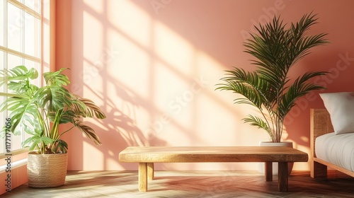 Wallpaper Mural A stylish living room with peach-colored walls, a wooden coffee table, and greenery, evoking warmth and minimalism. Torontodigital.ca