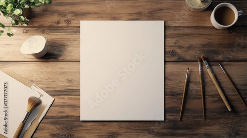 Blank paper on wooden desk with art supplies.